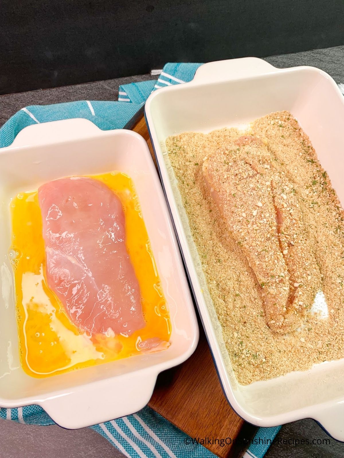 Dip chicken in eggs and breadcrumbs.