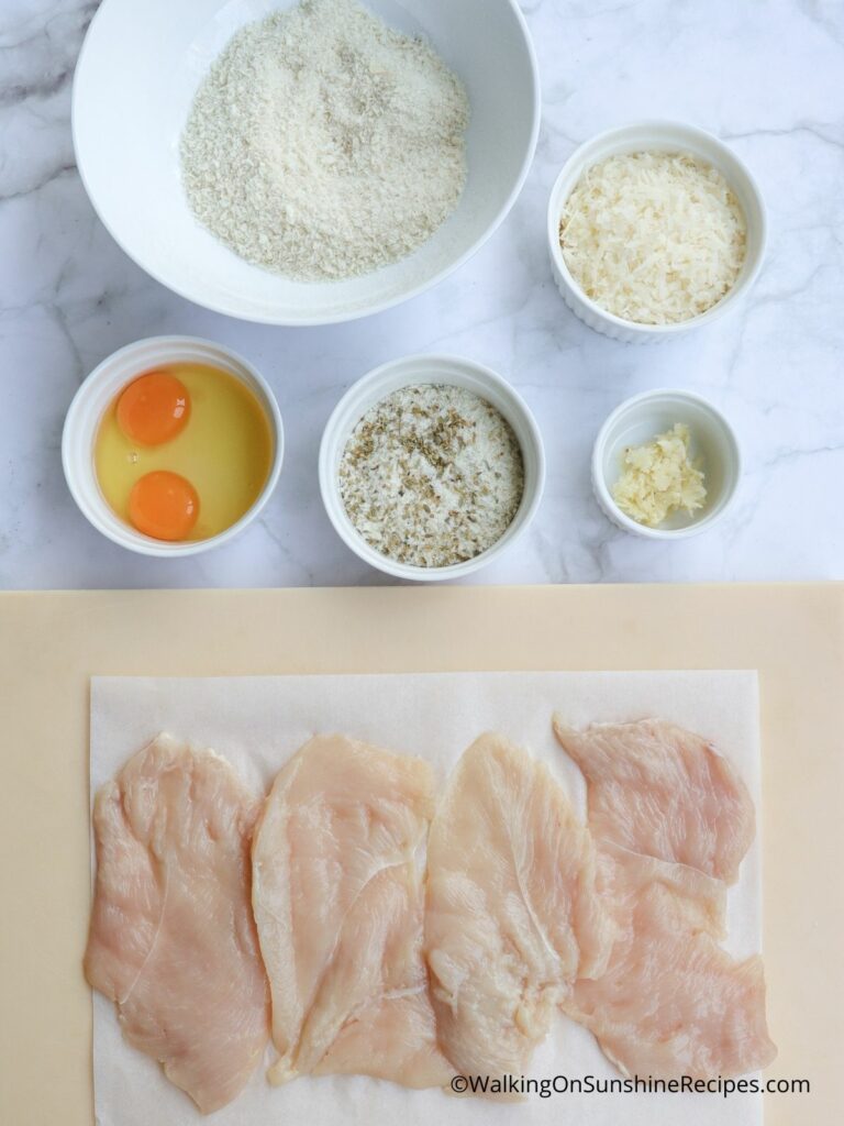 Ingredients for thinly sliced chicken cutlets fried. 