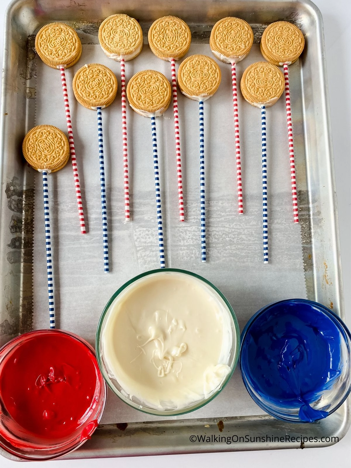 Melted Red, White and Blue Chocolate for Oreo Treats.