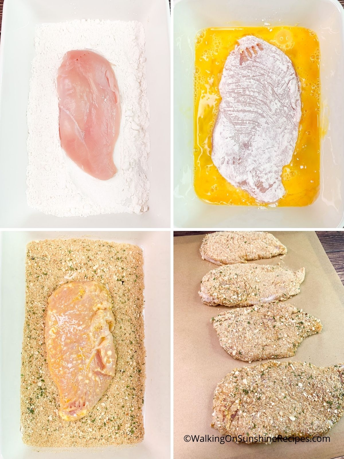 Prepping chicken cutlets in flour, egg and breadcrumbs.