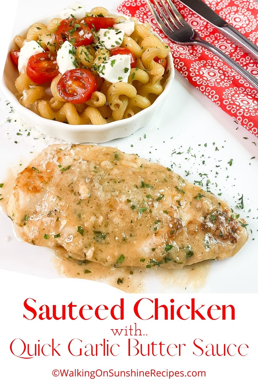 Cooked chicken cutlet on white plate with pasta and tomatoes in small bowl.