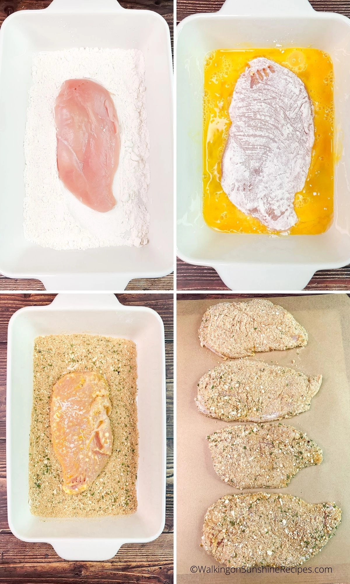 breadcrumbs, flour and egg mixture for chicken. 