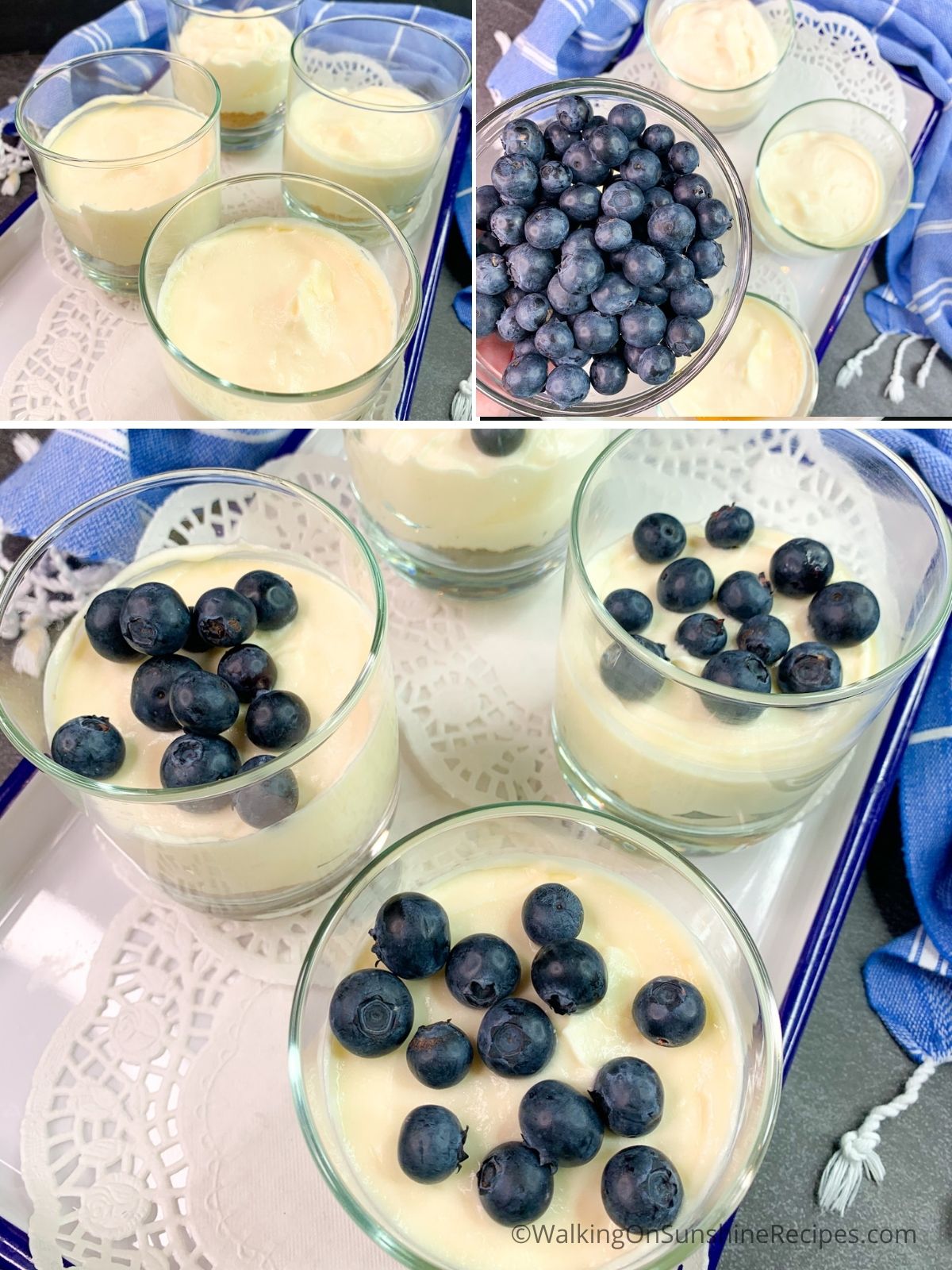 Add cream cheesecake mixture to cups and top with blueberries.