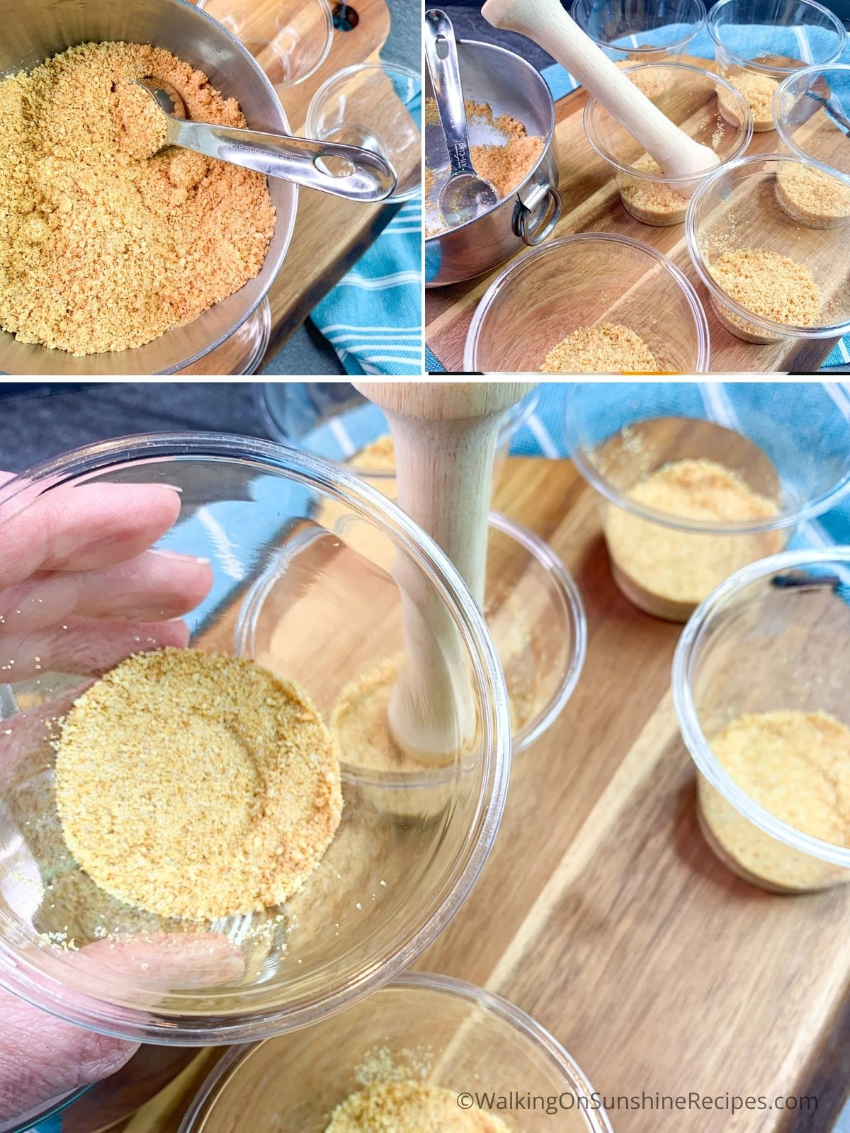 Add crushed graham crackers to small cups.