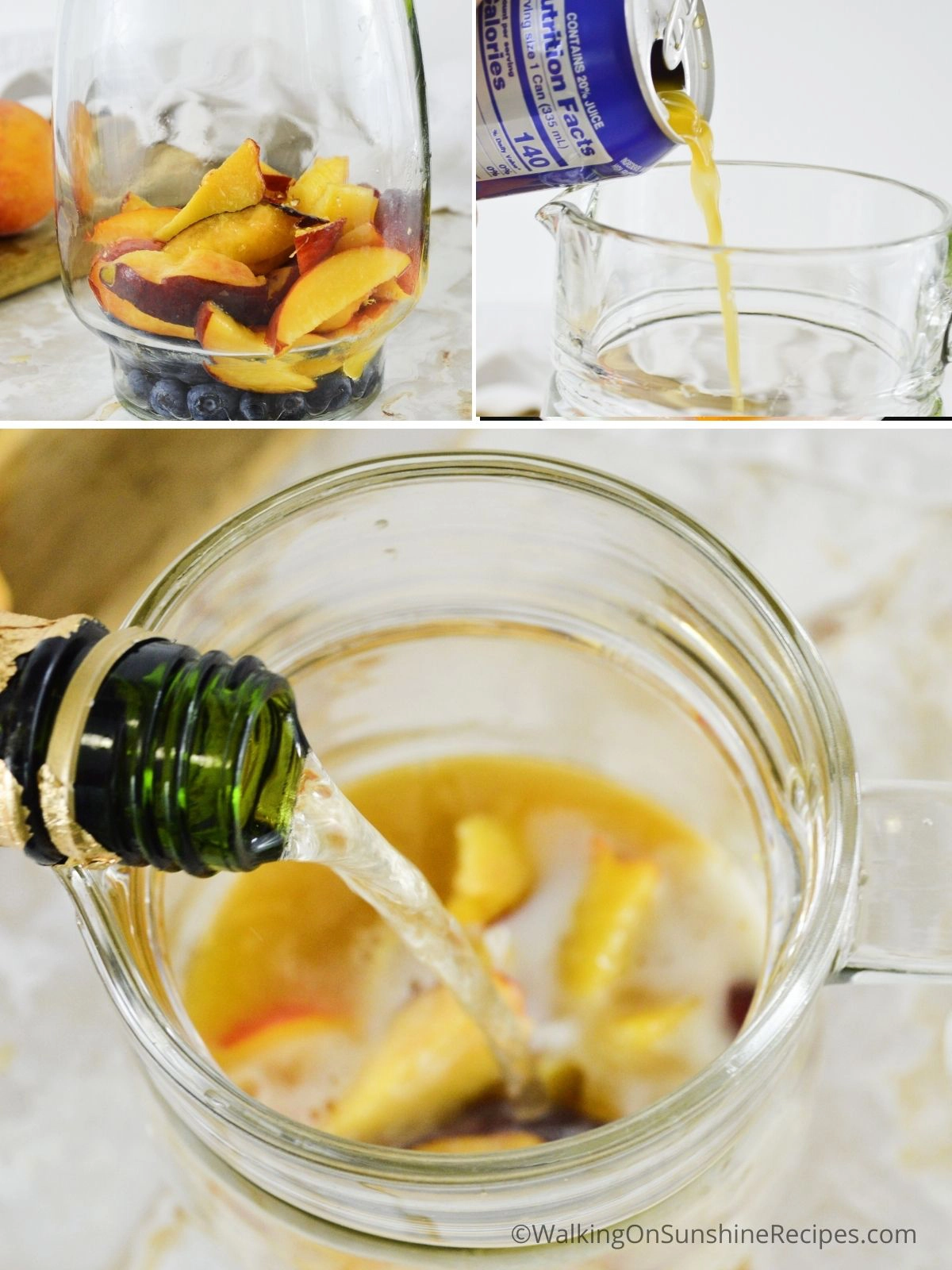 Add sparkling water, peach nectar.