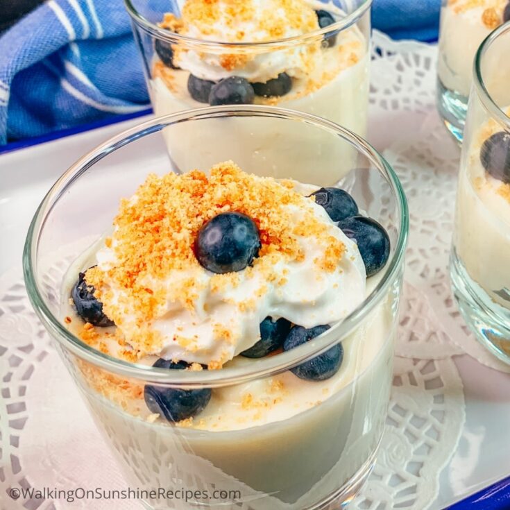 Cheesecake pudding in glass cups with blueberries.