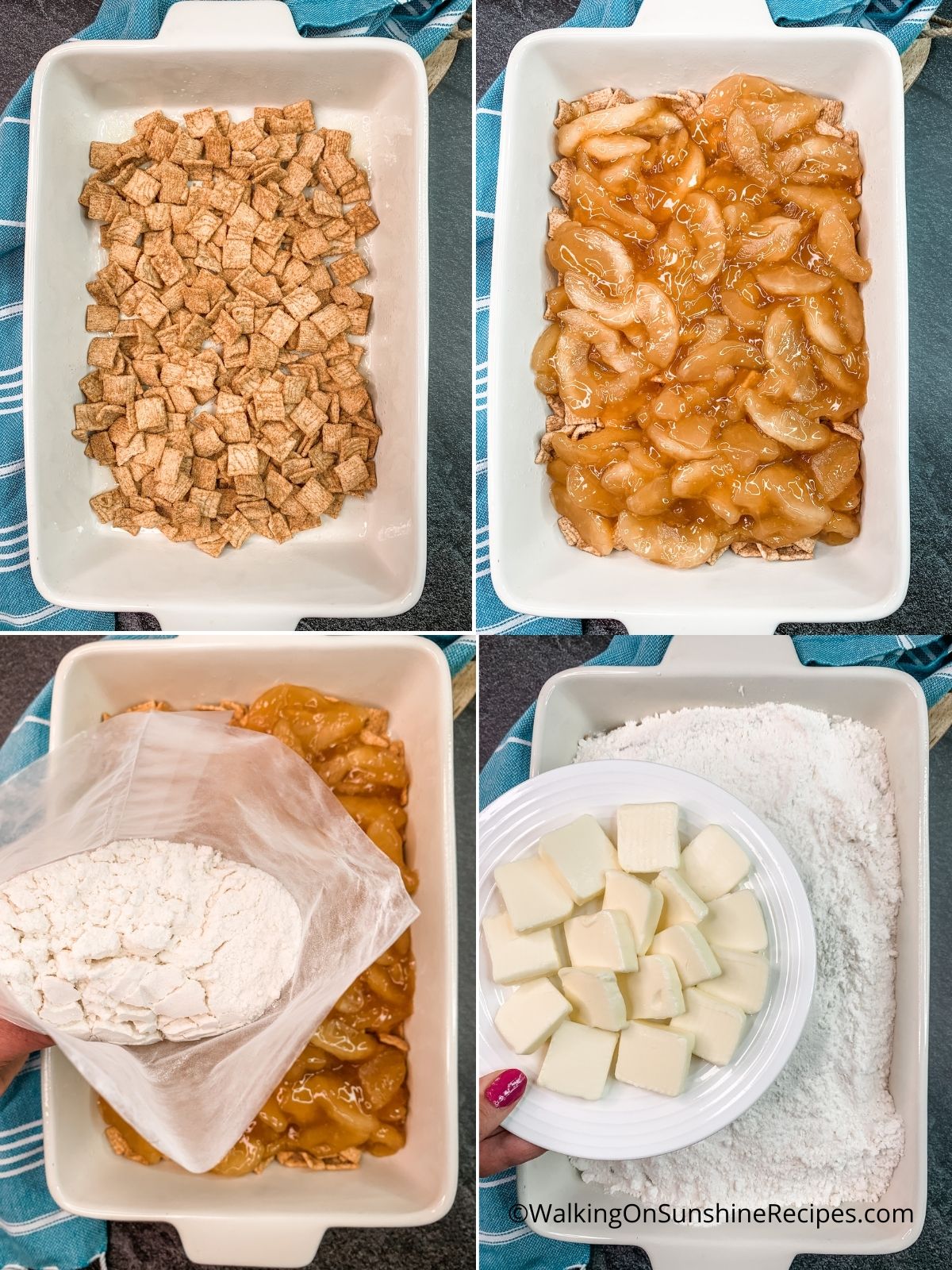 add cereal, apple pie filling and cake mix to baking dish. 