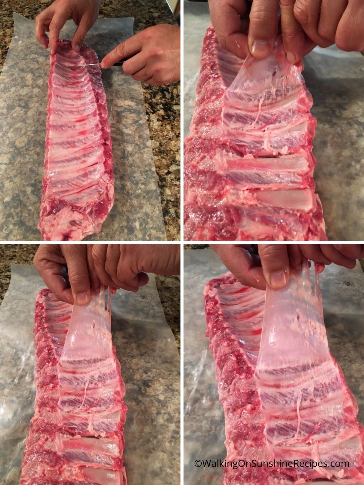 Trim membrane off of baby back ribs.