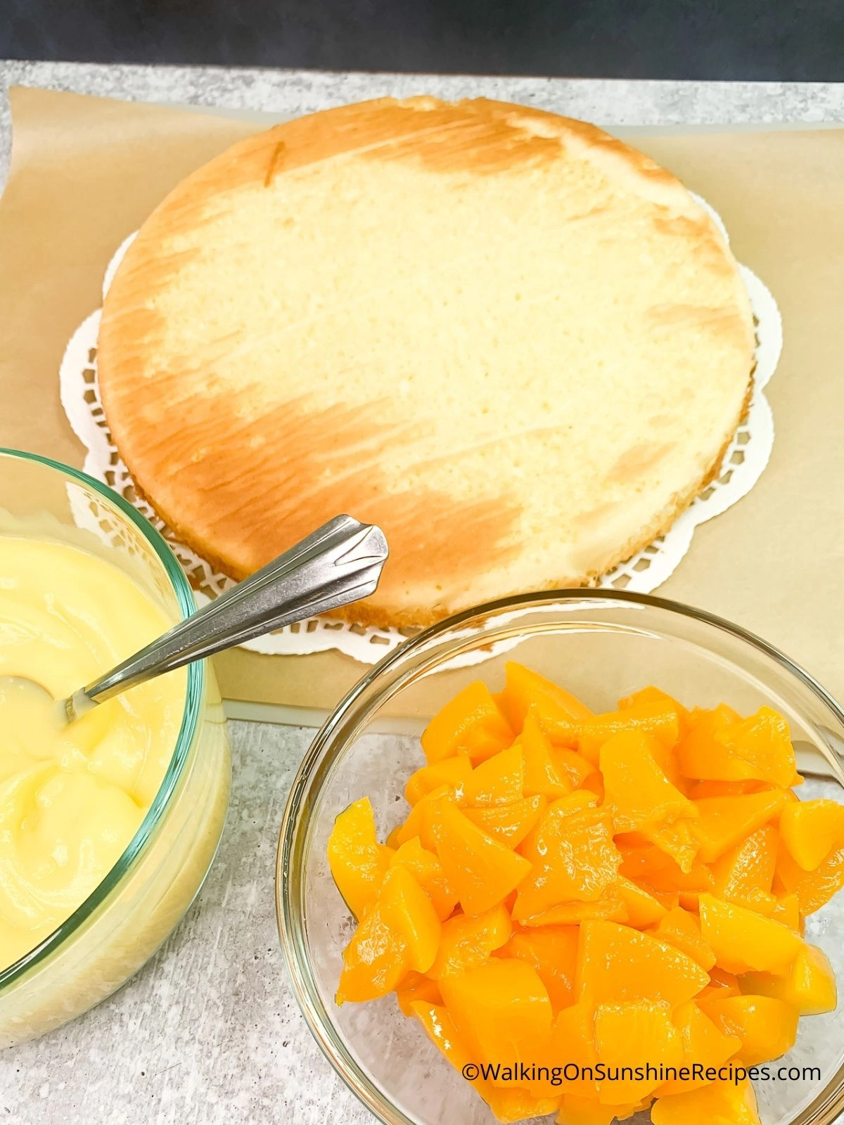 baked cake with pudding and peaches.