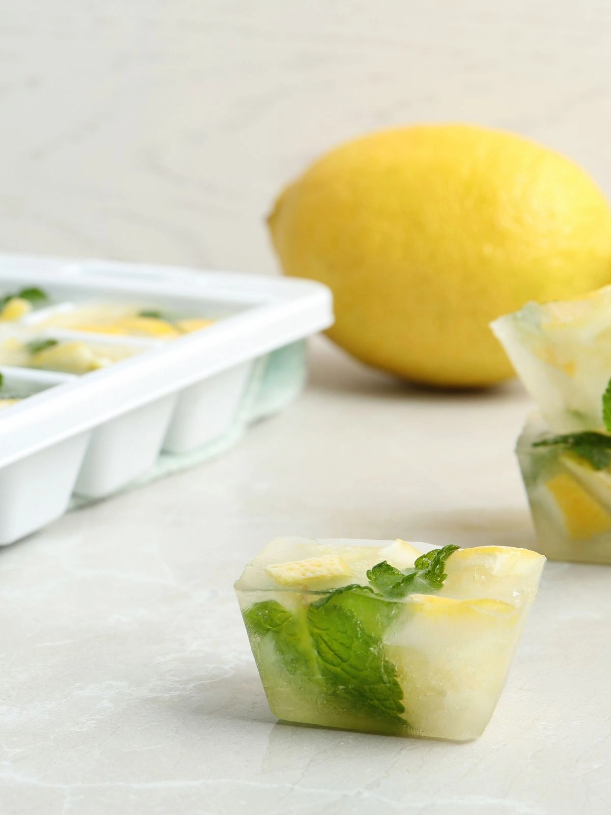 ice cubes with lemon slices. 