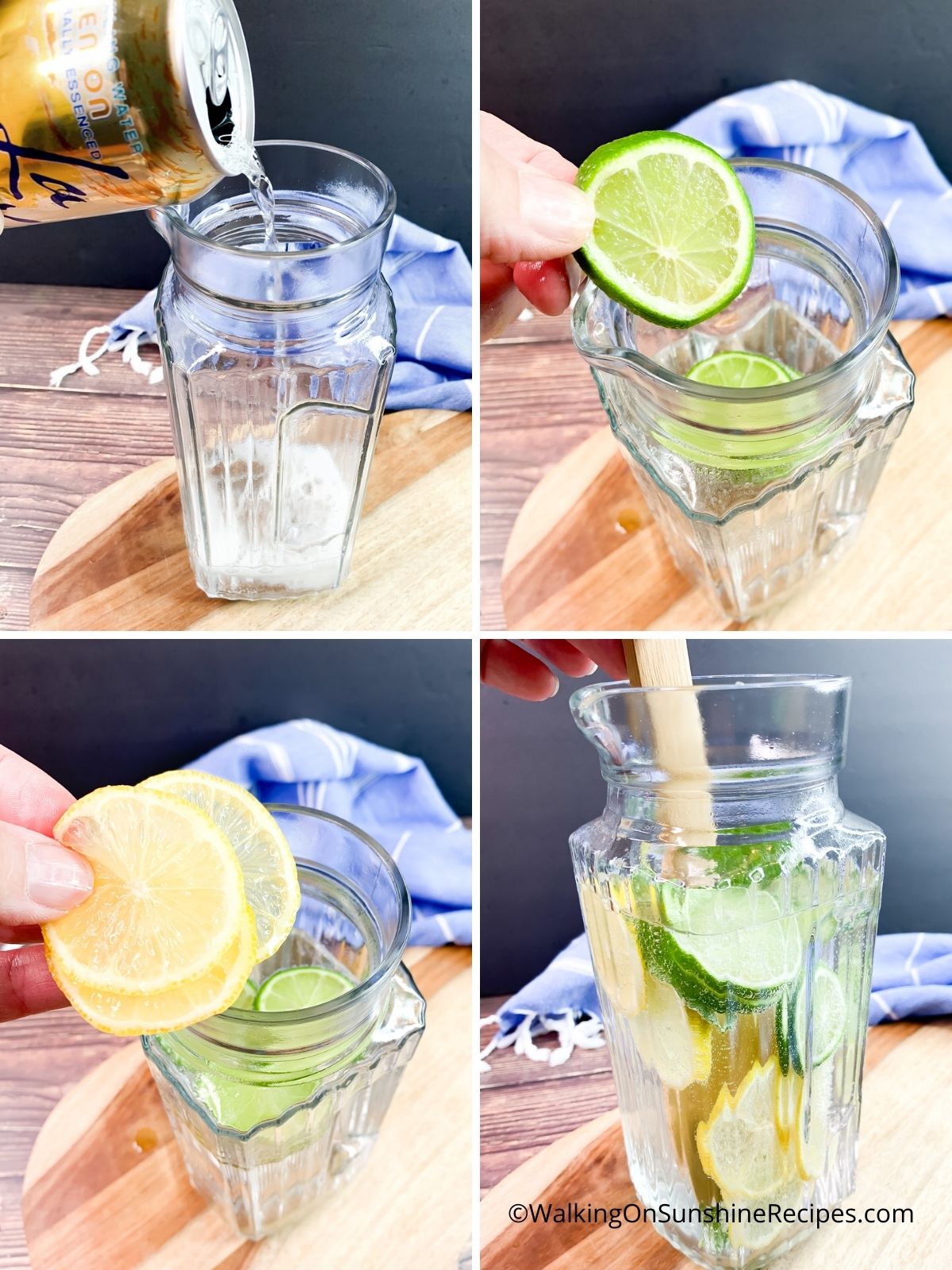 Add limes, lemon to pitcher.