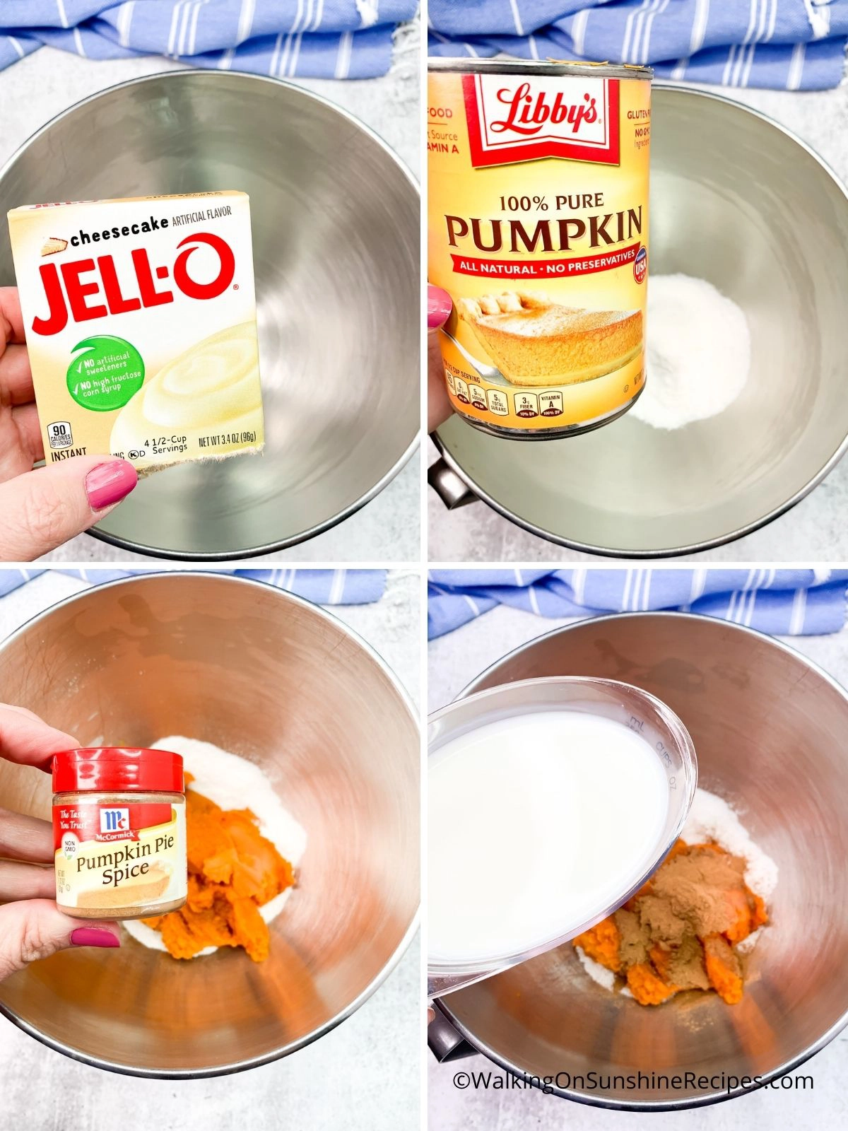 Add pudding mix, pumpkin and milk.