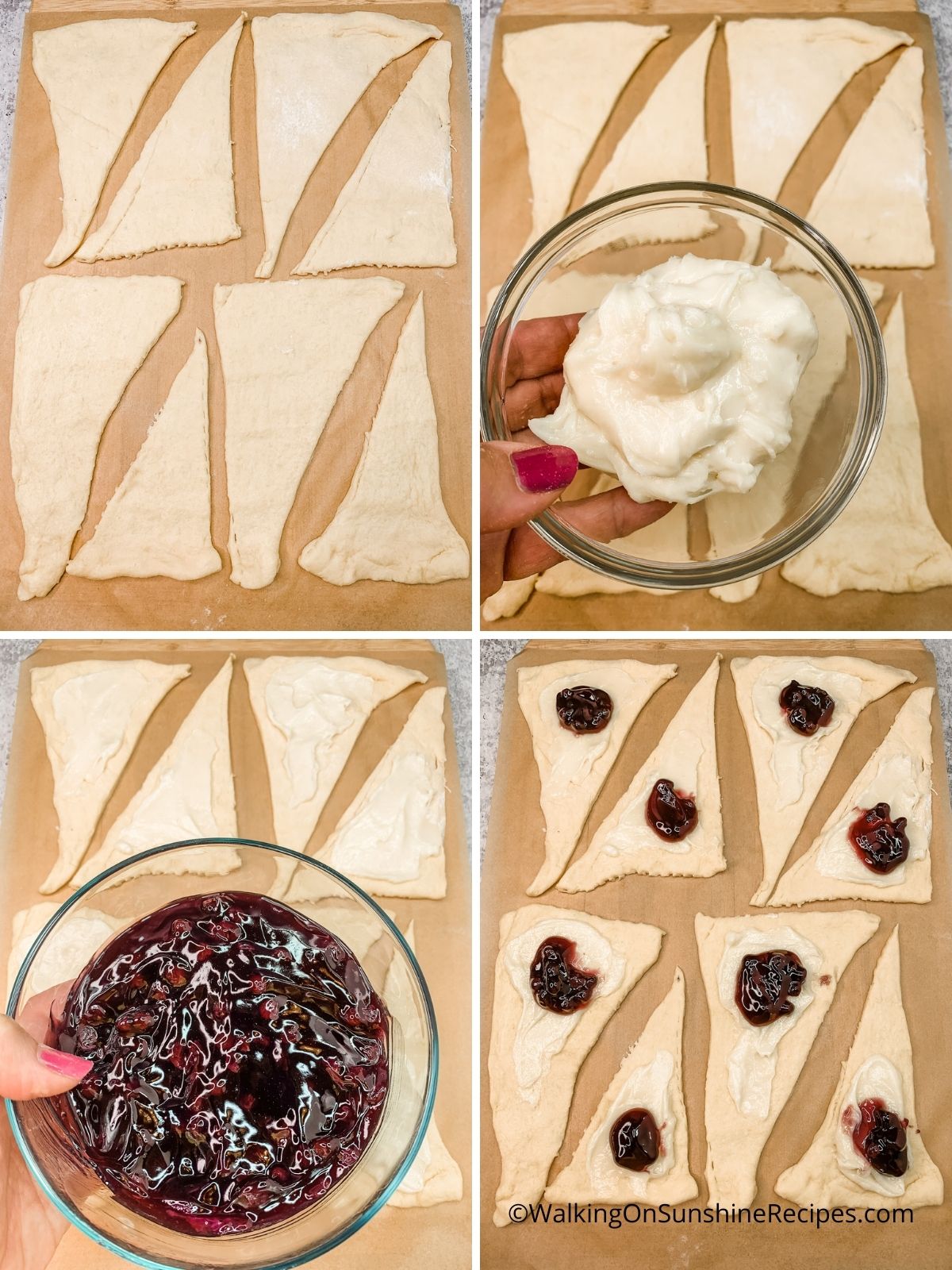 How to spread cream cheese and blueberry pie filling on top of triangle crescents.