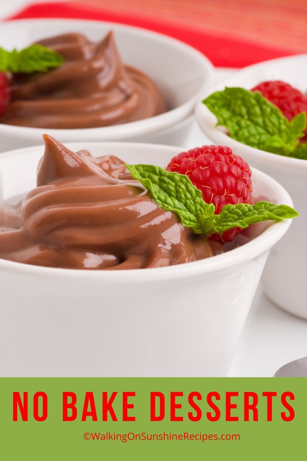 chocolate pudding in white bowl with raspberry and fresh mint. 