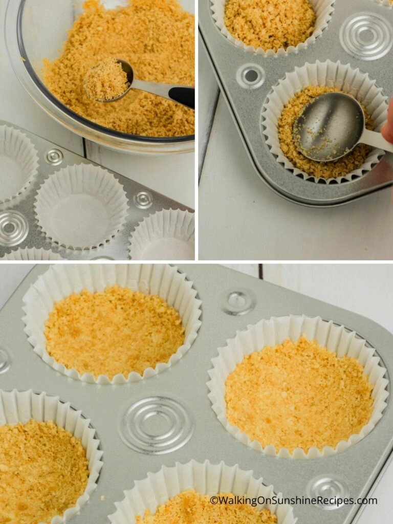 Add graham cracker crumbs to muffin pan. 
