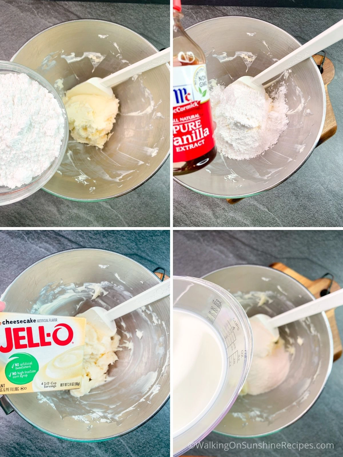 Adding pudding mix to cheesecake.