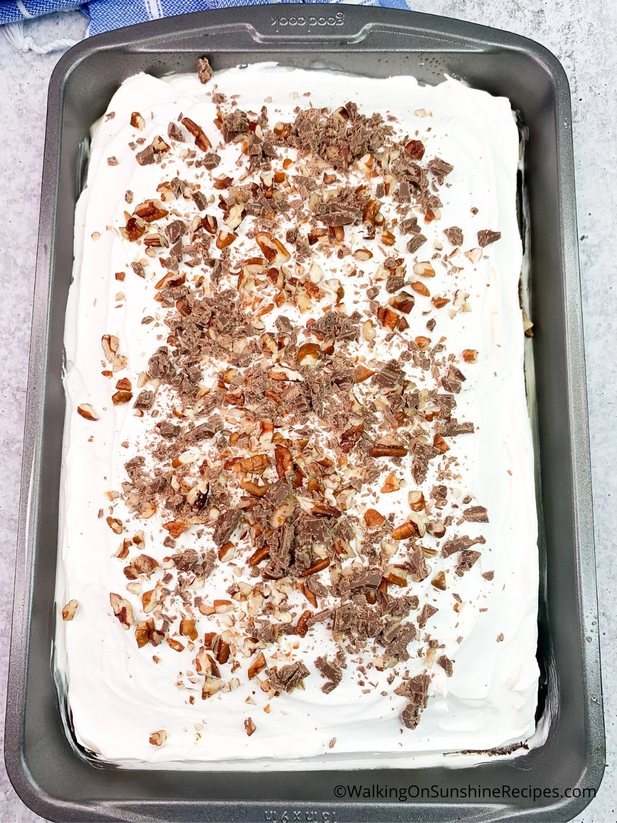 Chocolate cake with whipped topping, chocolate chips and chopped pecans.