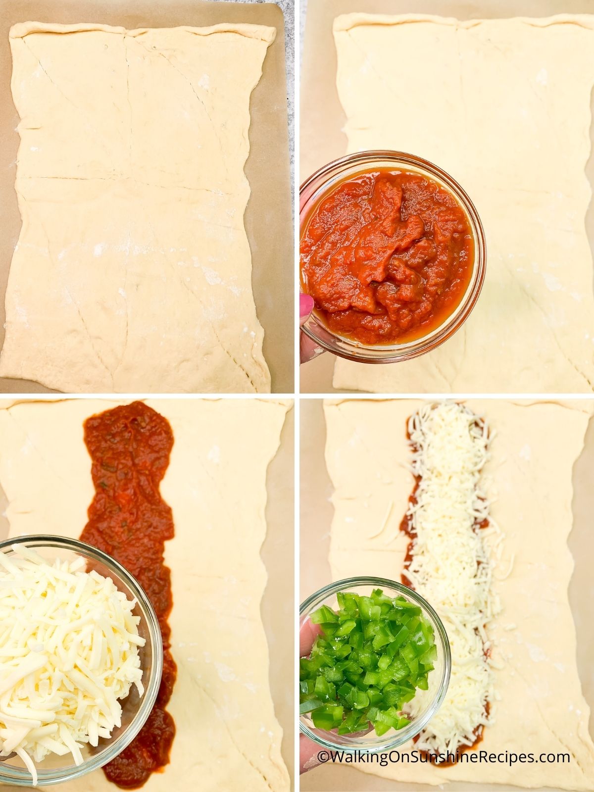 Spread sauce, cheese and peppers.