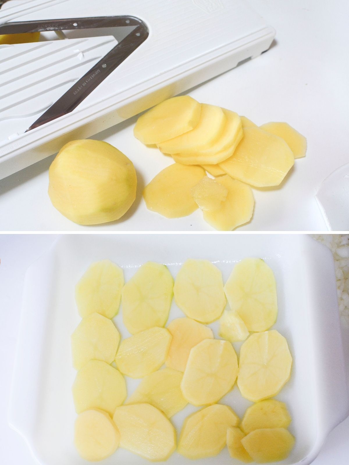 Thin sliced potatoes.