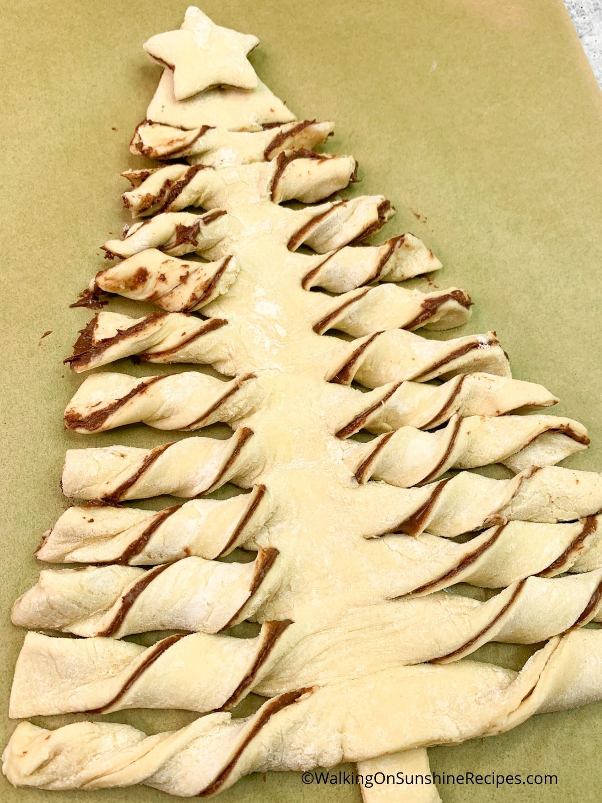 puff pastry nutella christmas tree ready for baking.