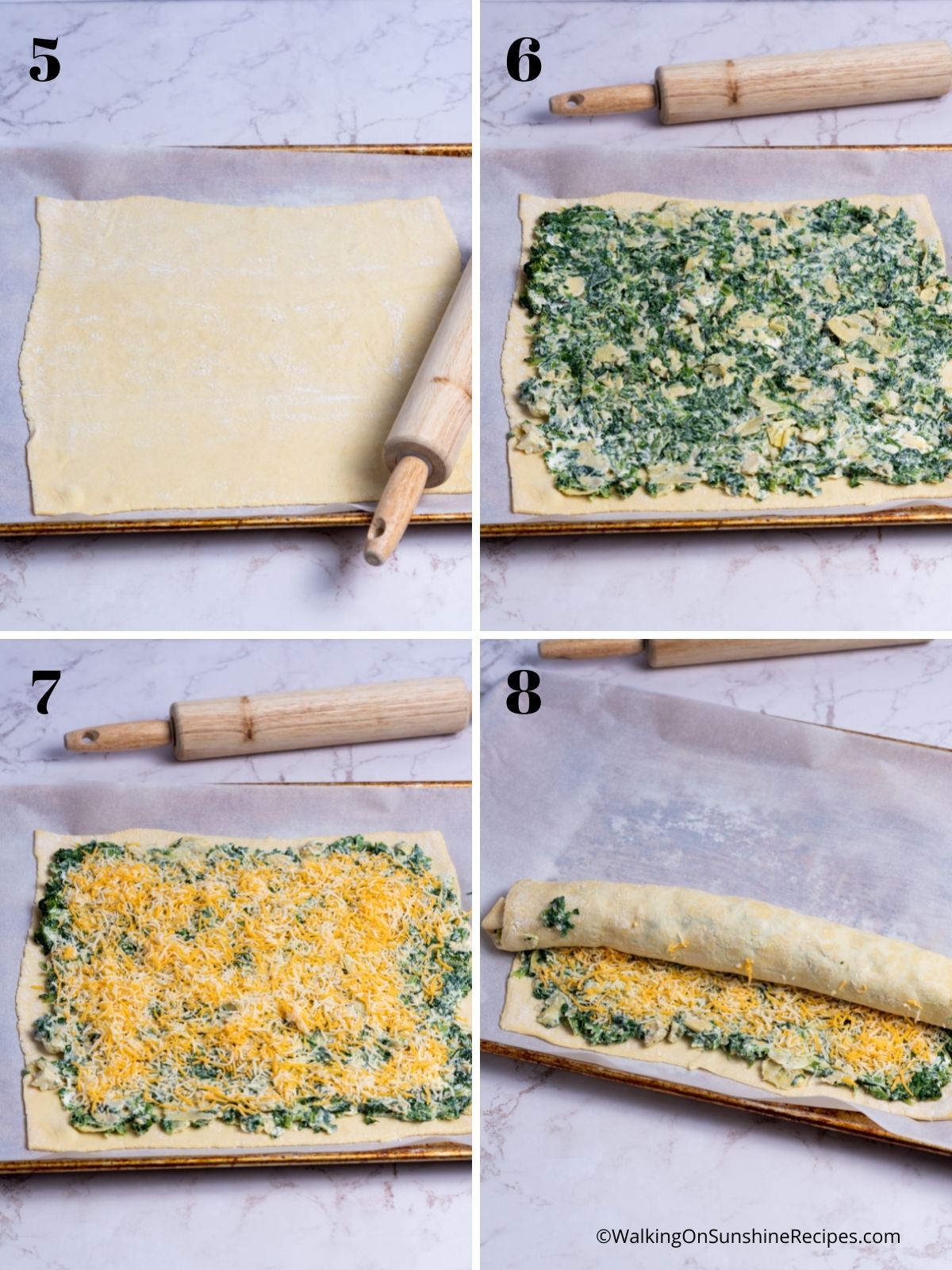 Spread spinach, artichoke mixture on puff pastry.