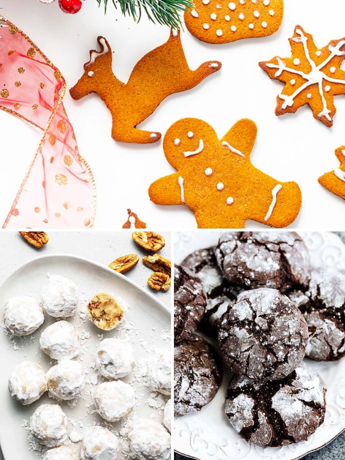 Diabetic holiday cookies gingerbread men, powdered sugar cookies and chocolate crinkle cookies. 
