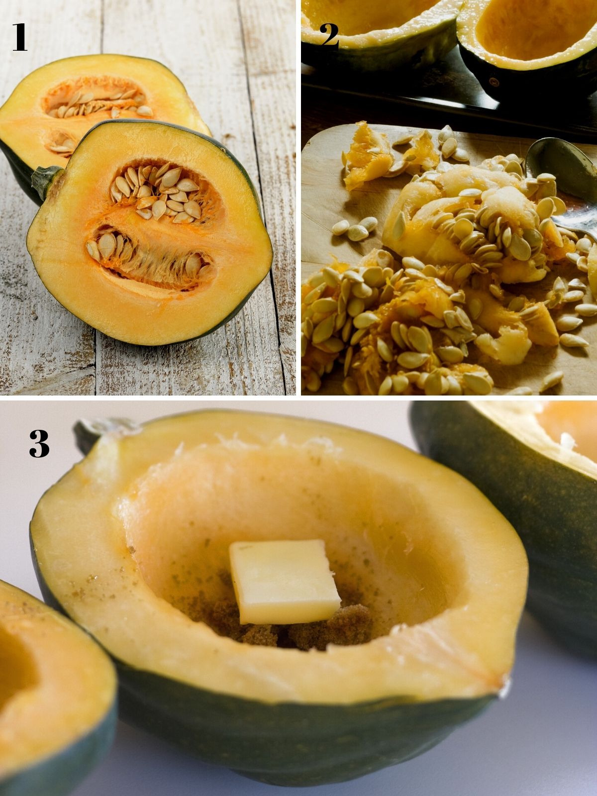 Acorn Squash cutting, scooping out seeds, with butter.