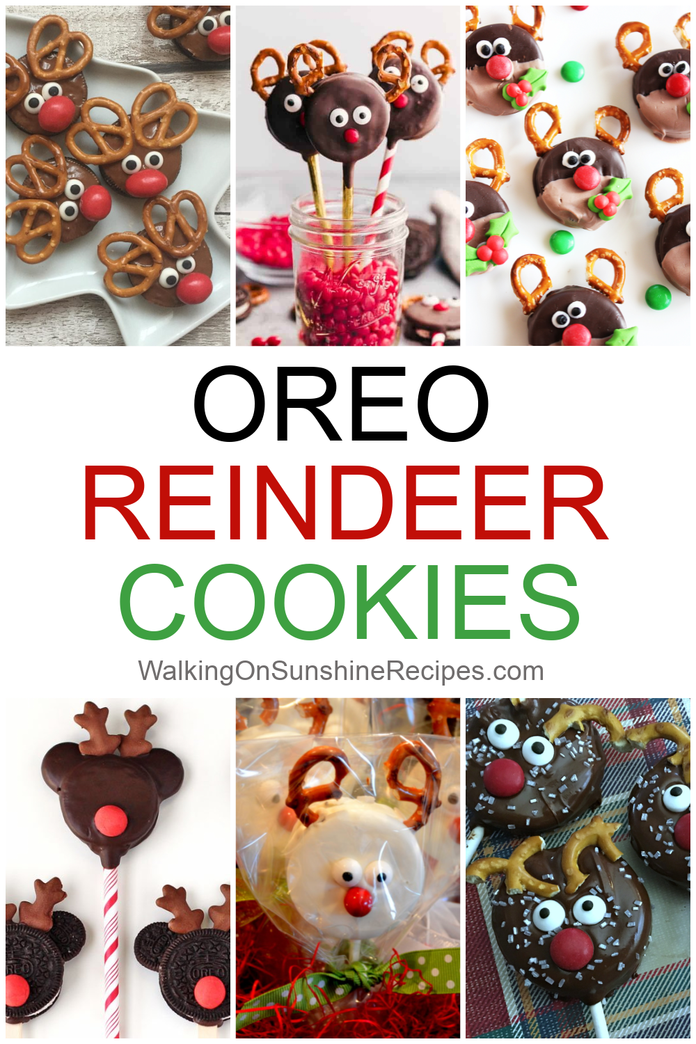 A collection of Oreo Cookies made into reindeer. 