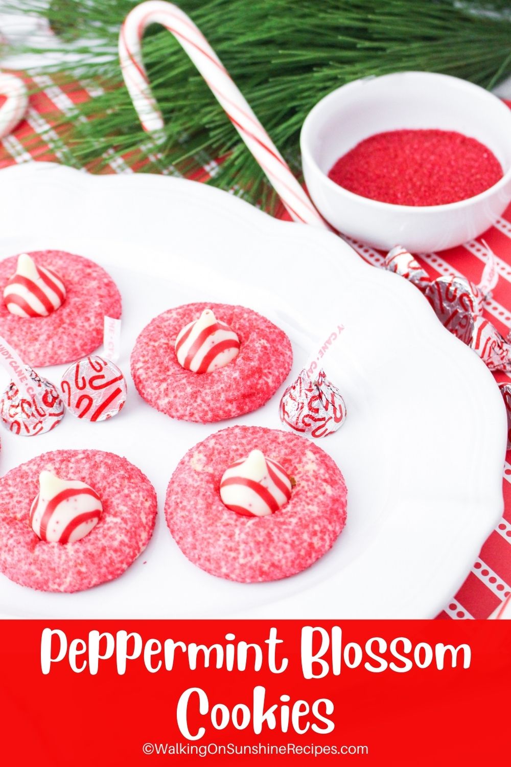 Peppermint blossom cookies in red sugar. 