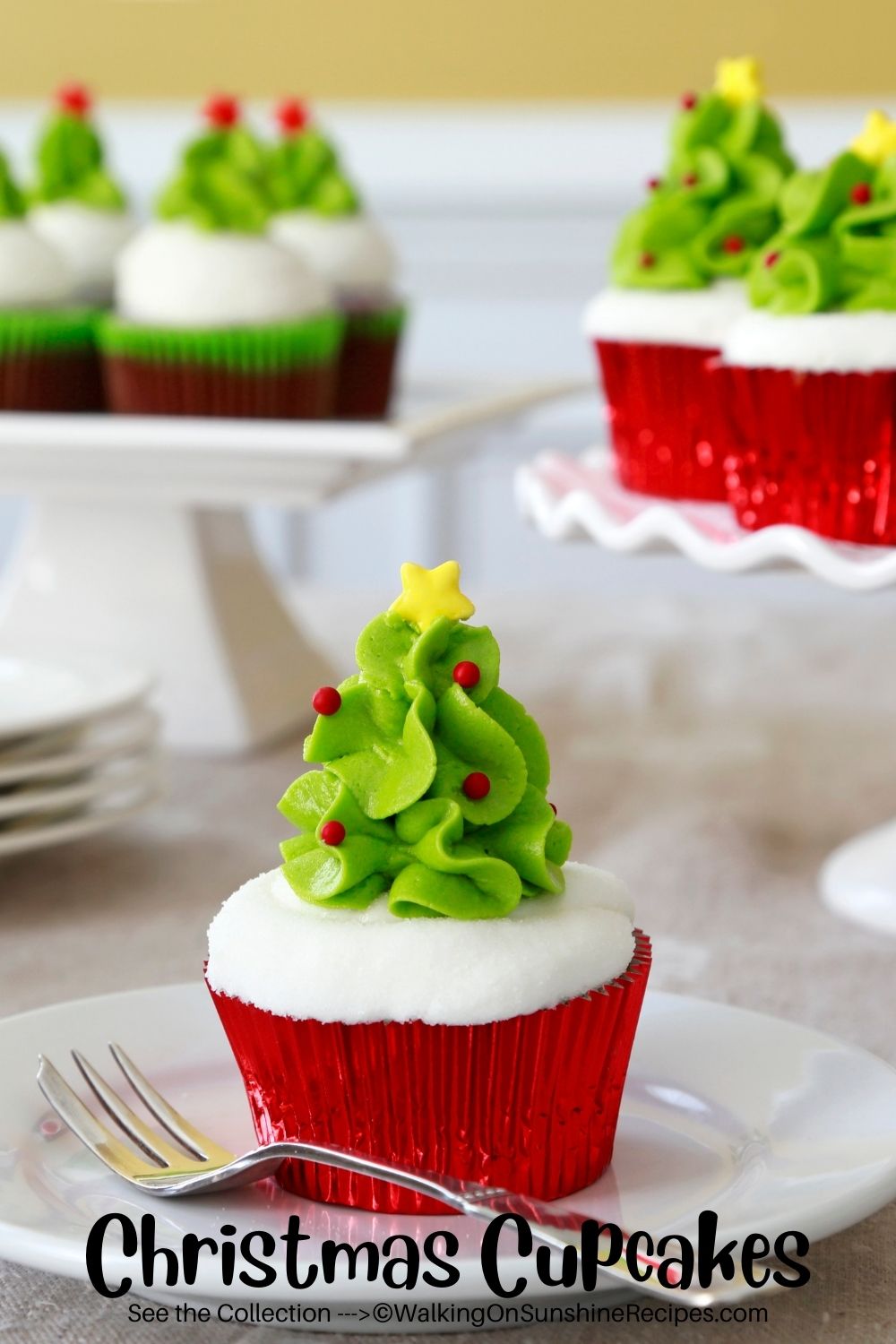 Cupcakes with Frosting Christmas trees on top. 