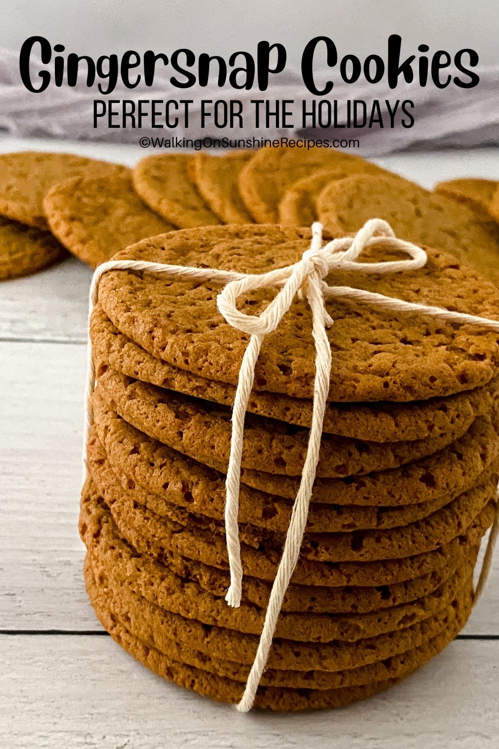 gingersnap cookies stacked with twine wrapped around them. 