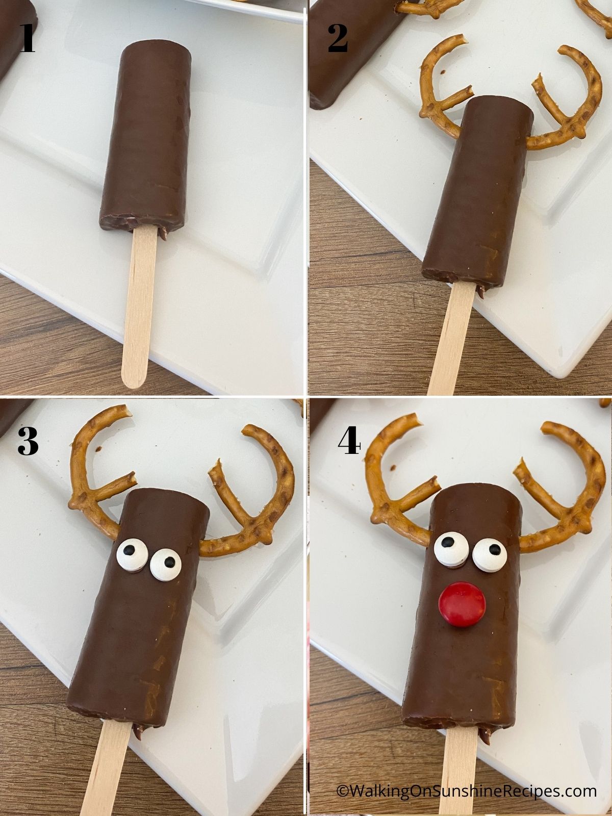 Process for making Reindeer Cakes on a stick.