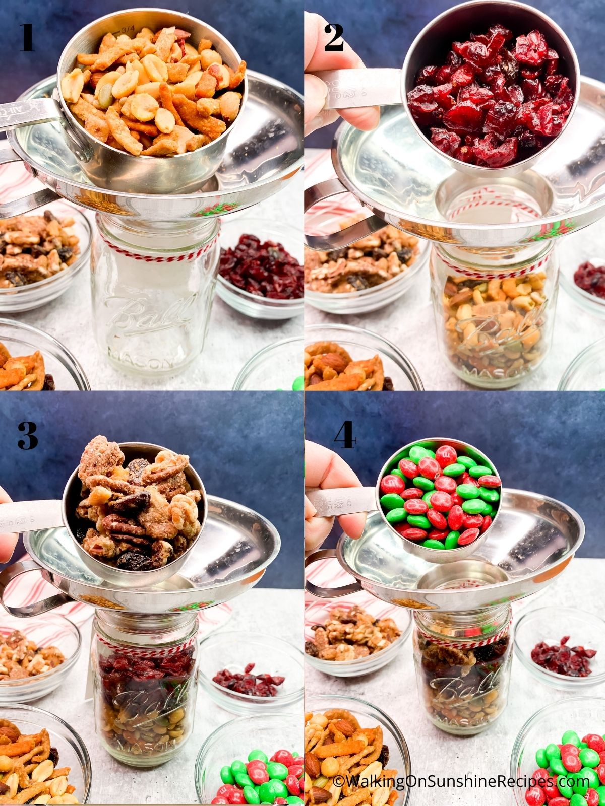 Process photos of adding snack mix to mason jars.