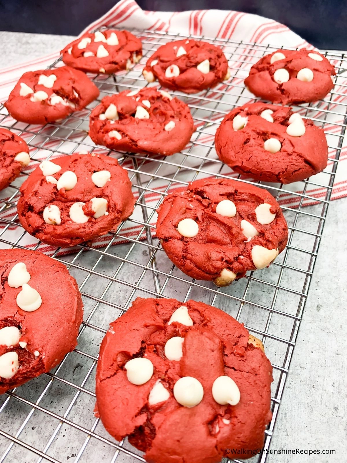 Red Velvet Cake mix cookies on cooling rack.