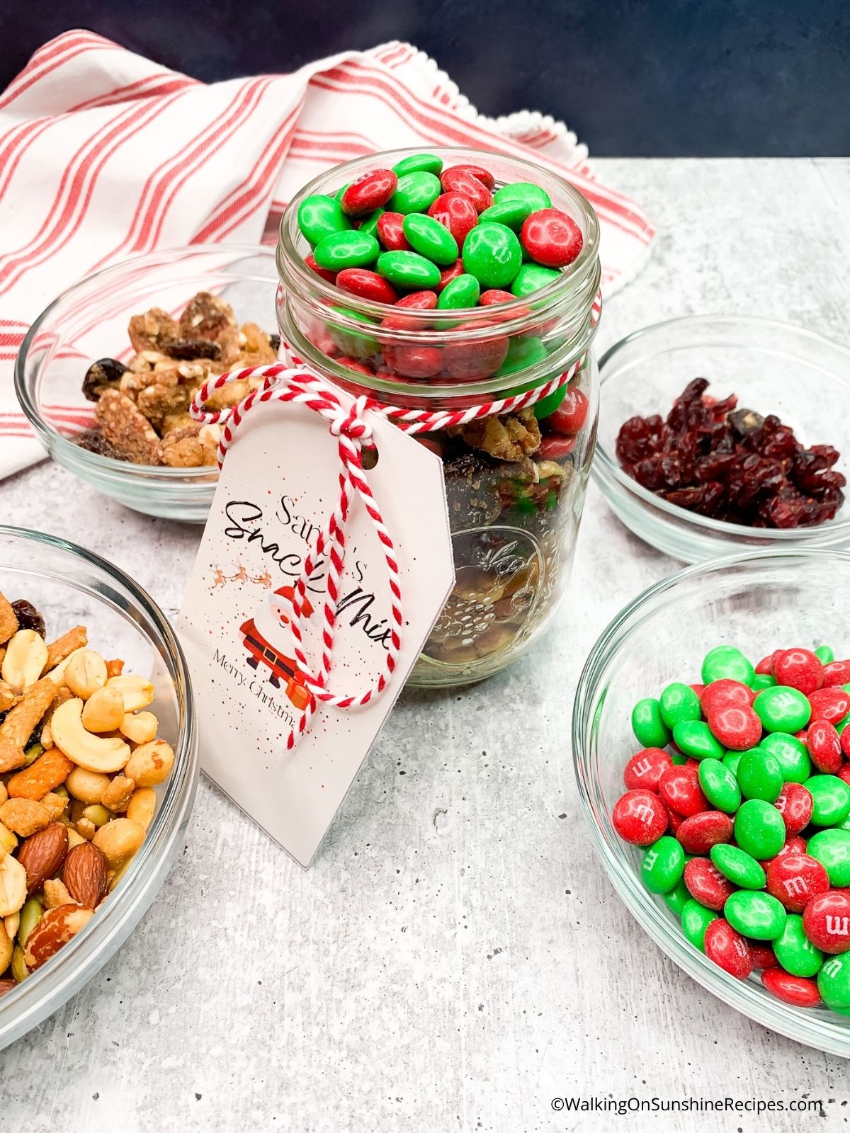 red and green M&Ms in Santa's Snack Mix. 