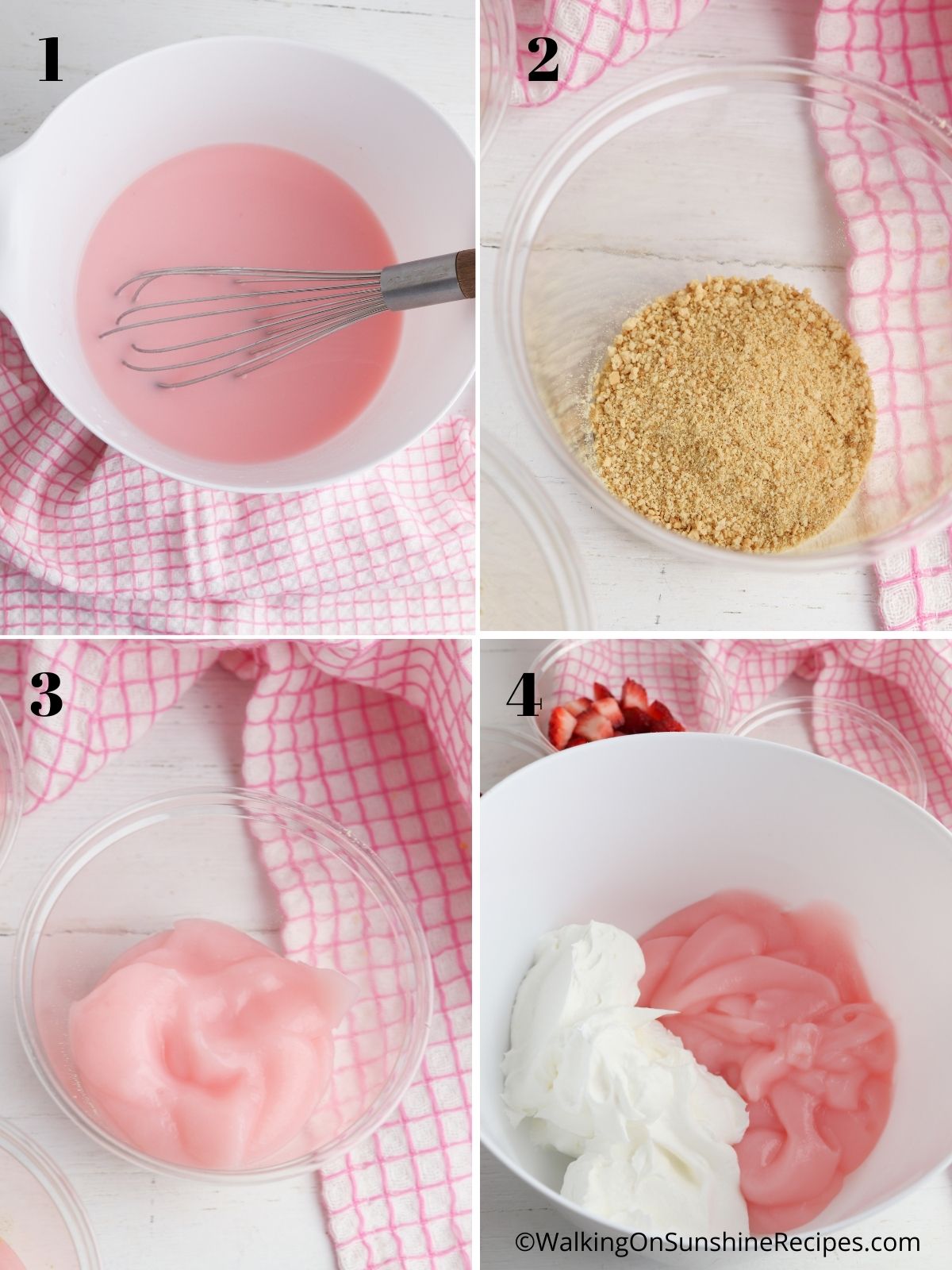 Adding strawberry pudding to cups with graham cracker crumbs and whipped topping. 