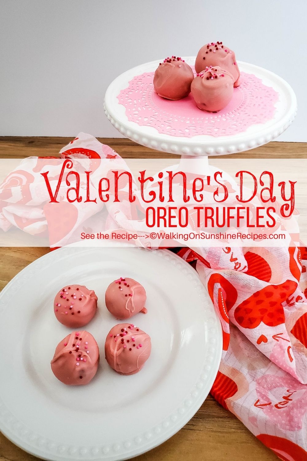 Oreo truffles on whtie plate and cake stand. 