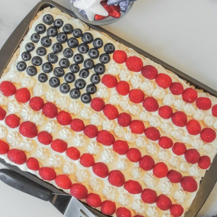 American Flag Sugar Cookie Pizza with blueberries and raspberries