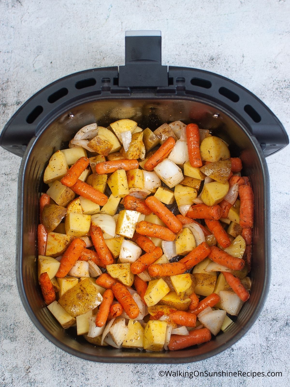 Potatoes Onions and Carrots in Air Fryer.