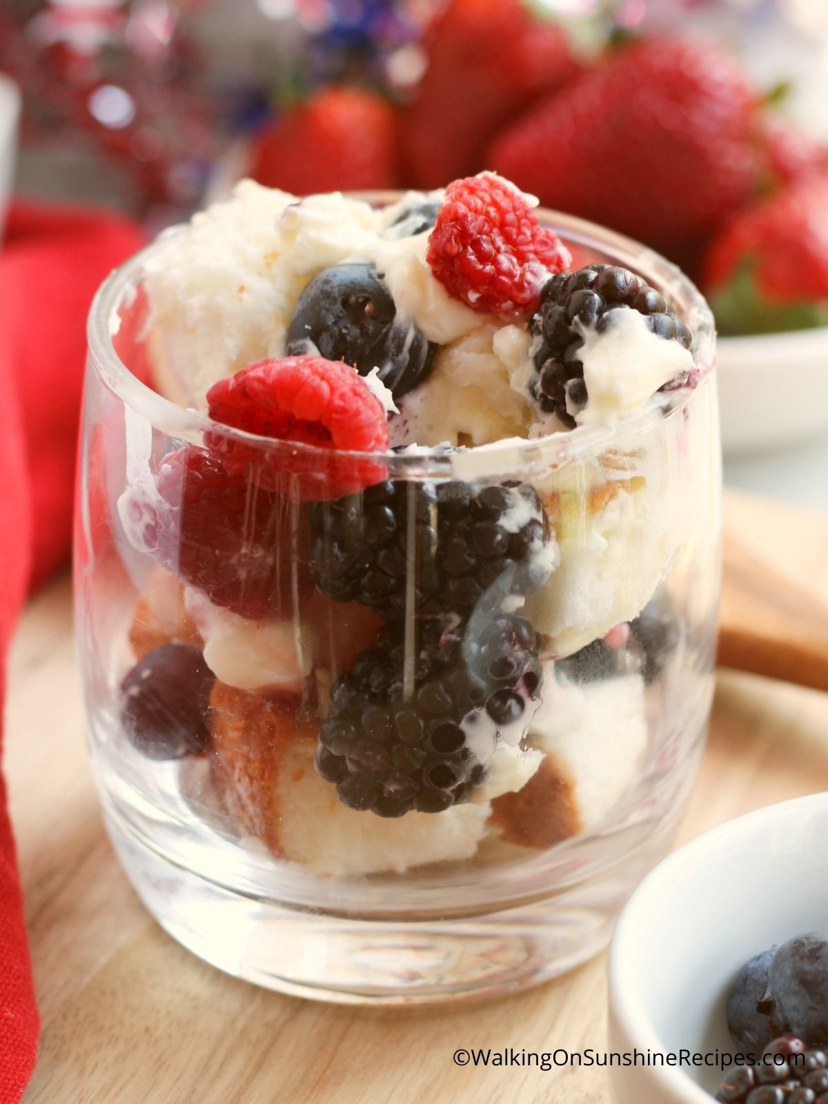 angel food cake trifle with strawberries and blueberries.