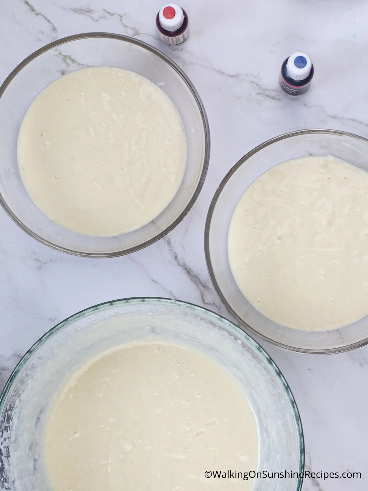 white cake mix batter in bowls. 