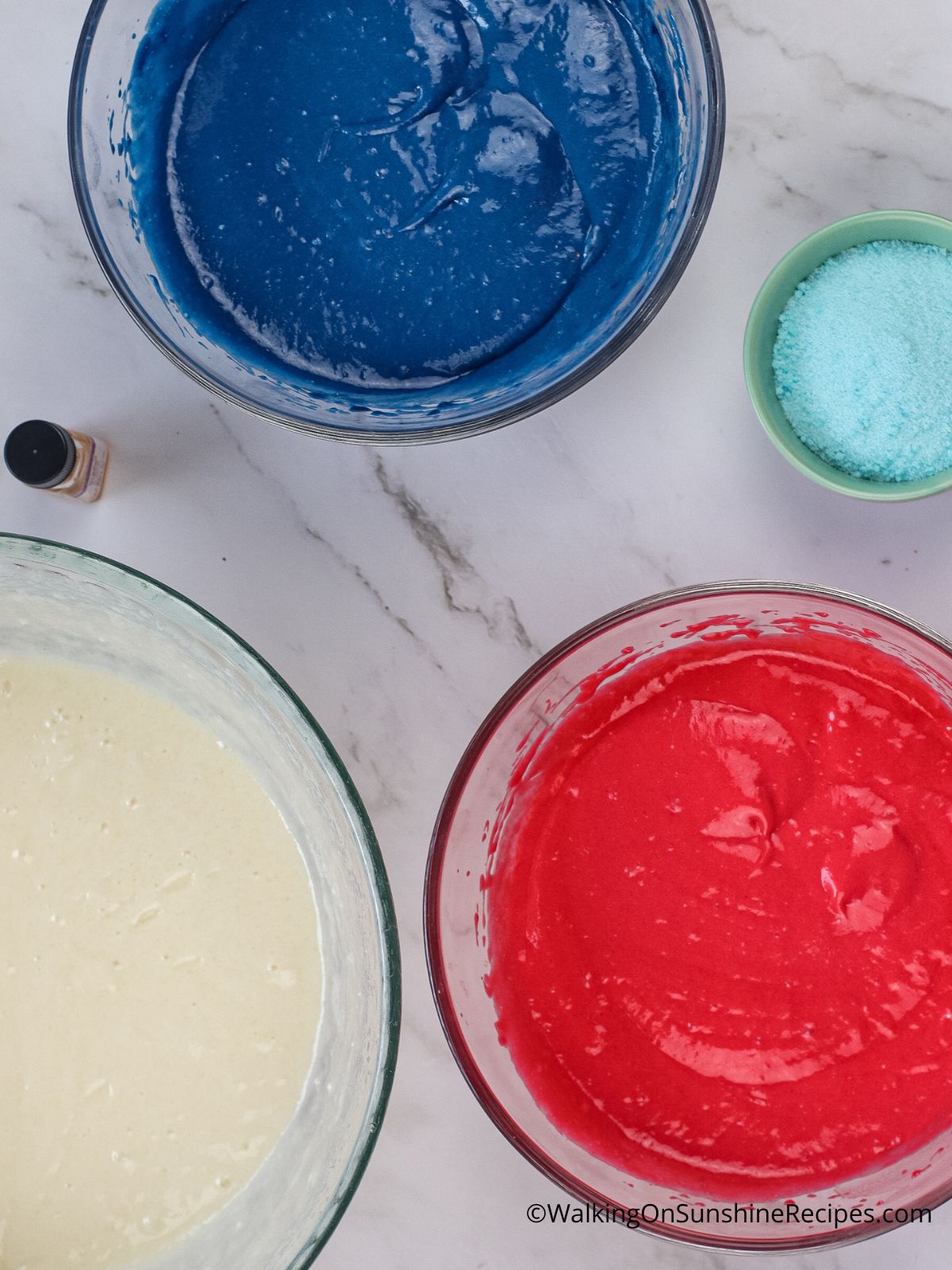 white cake mix with red and blue food coloring. 