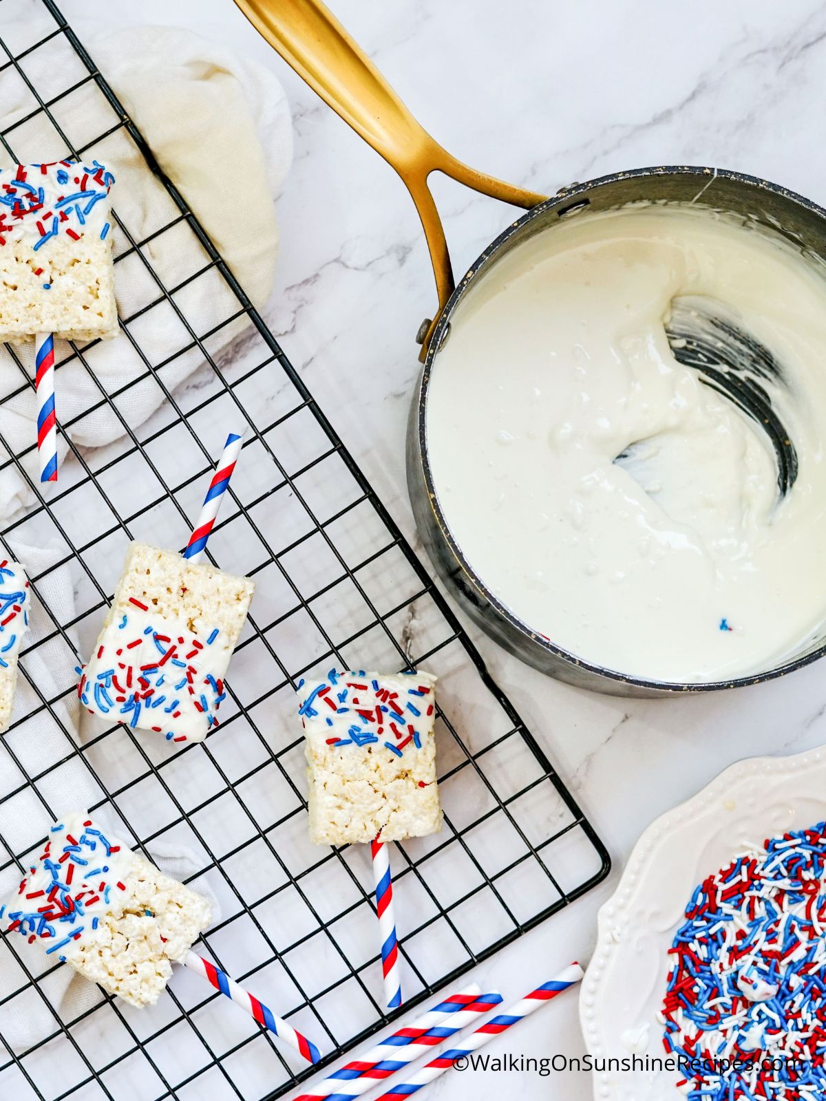 Dip treats in melted white chocolate.