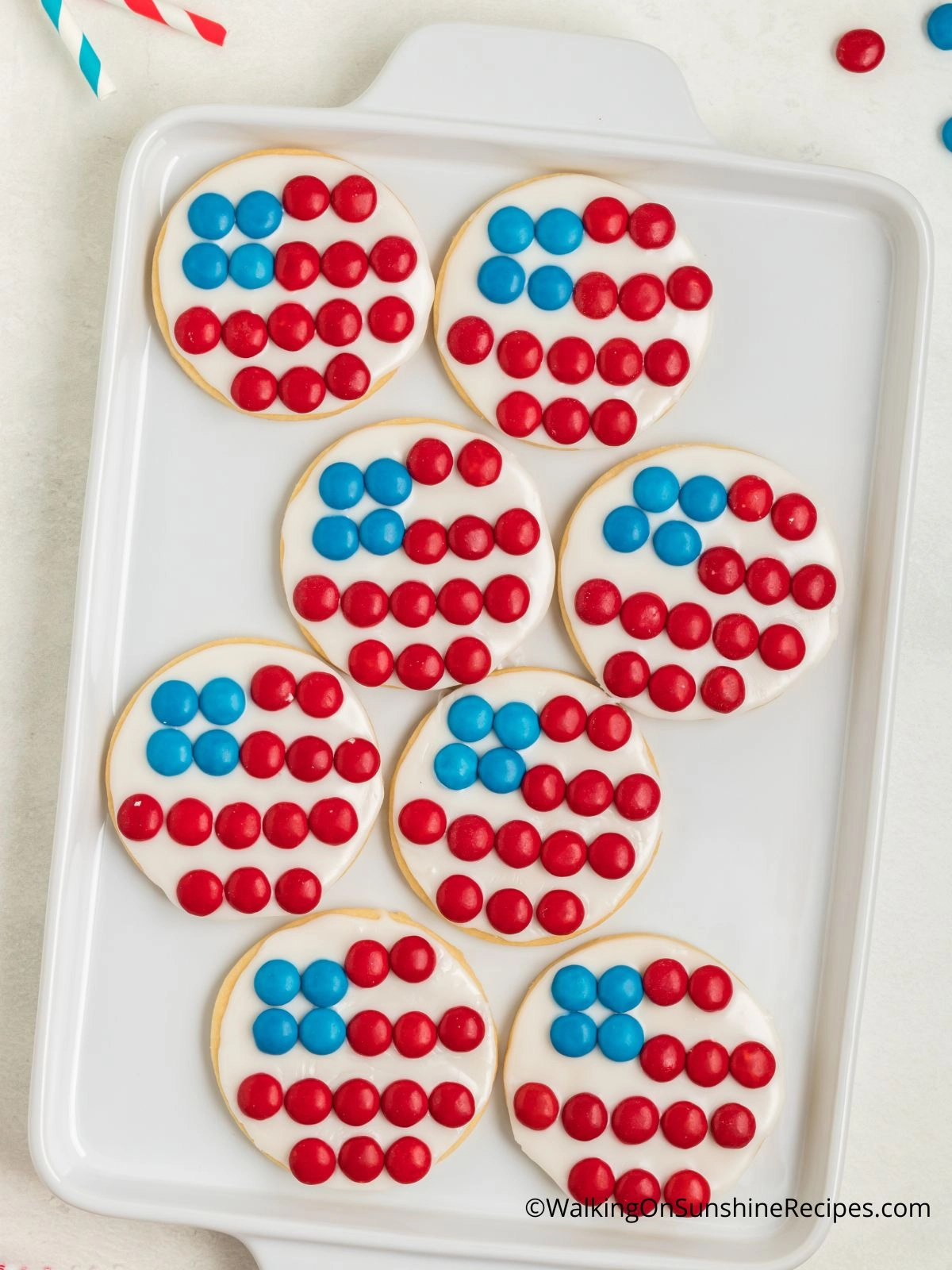Flag Sugar Cookies on white tray.