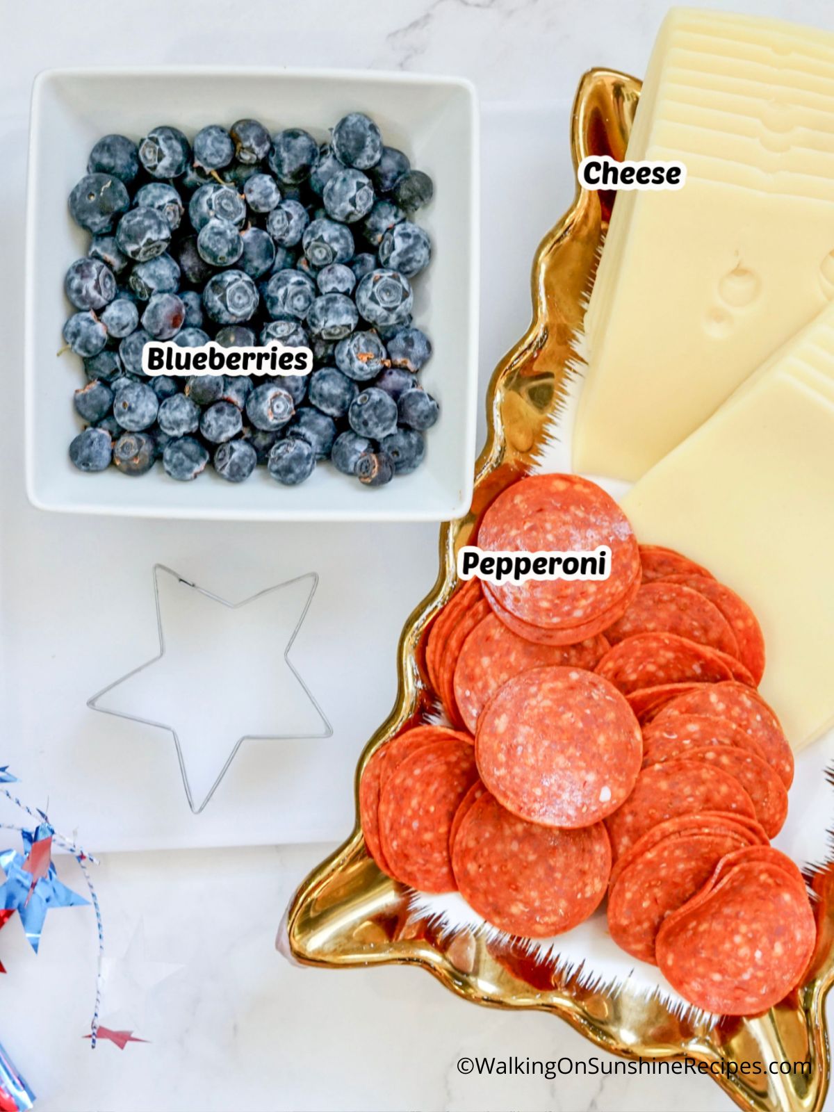 Ingredients, blueberries, Swiss cheese and pepperoni. 