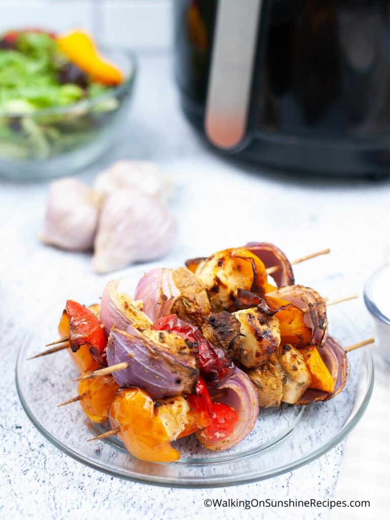 Air Fryer Chicken Skewers on plate.
