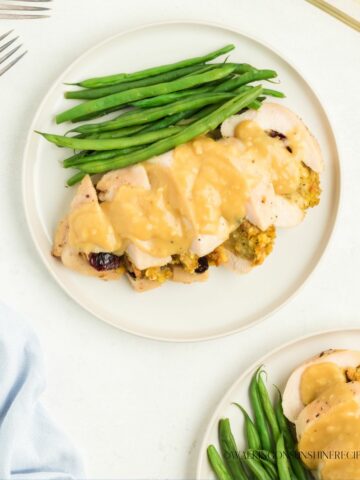 chicken roll ups with stuffing and gravy.