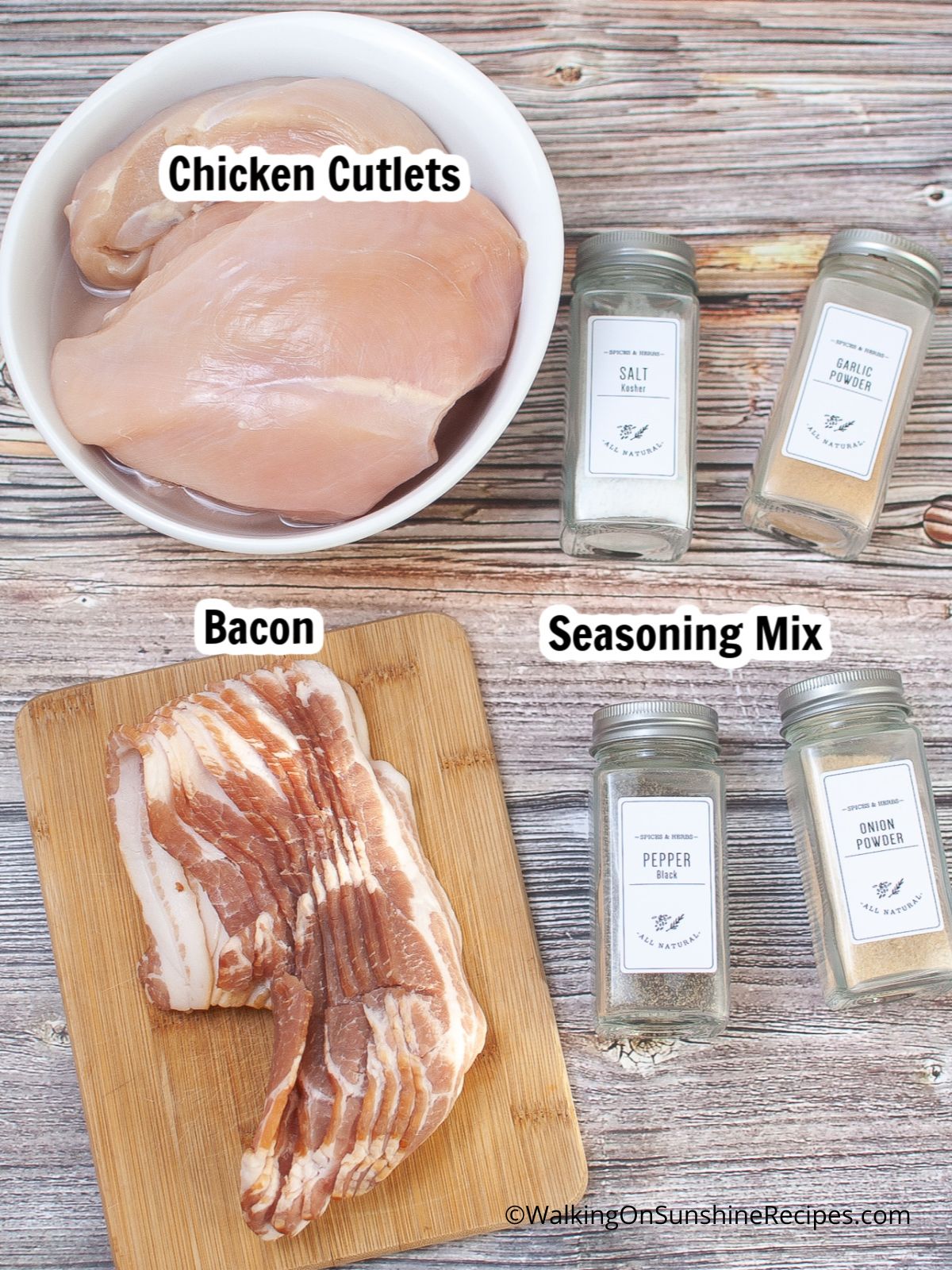 Ingredients, chicken cutlets, bacon, seasonings.