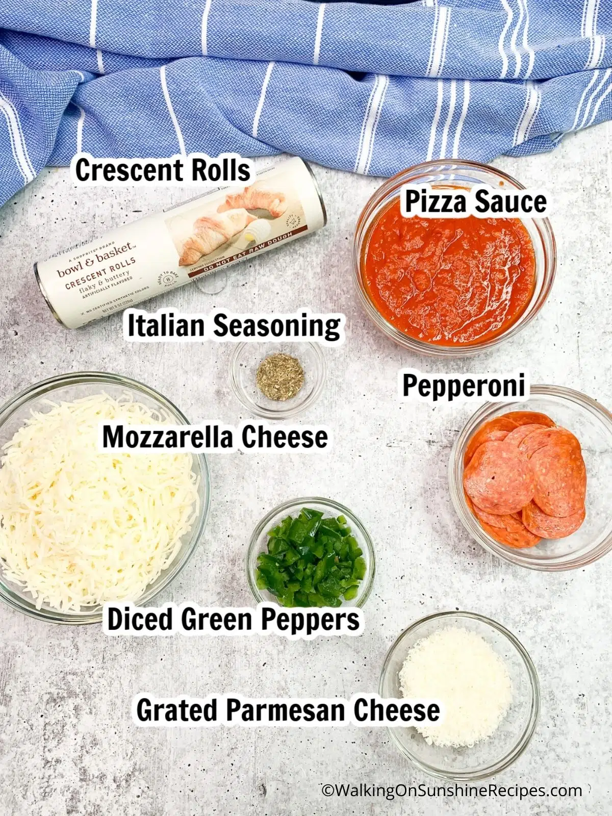 Ingredients for pizza made with refrigerator crescent rolls.