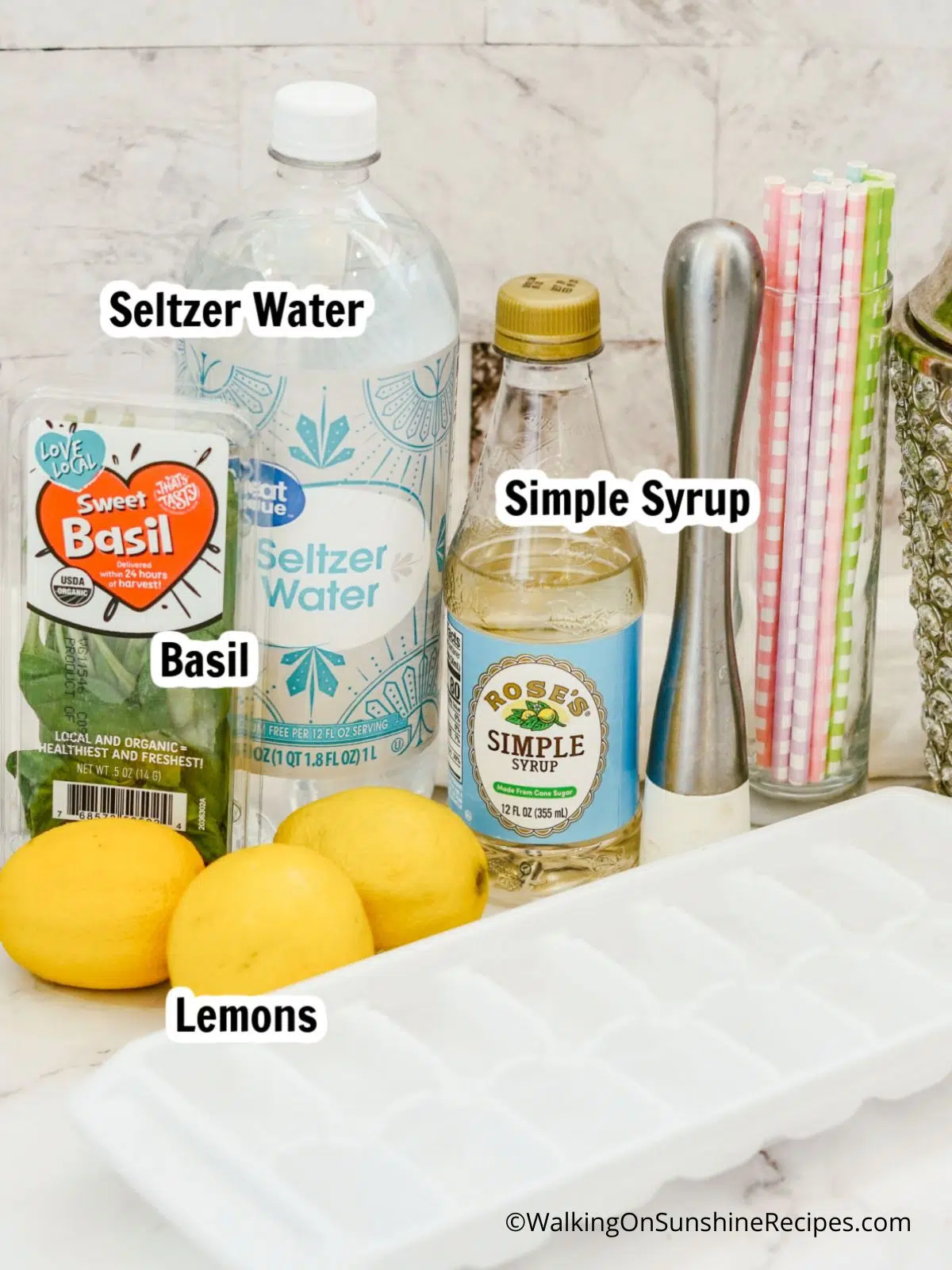 seltzer water, simple syrup, basil, lemons ingredients.